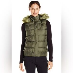 Merrell Women’s Silversun Featherless Puffer Vest Faux Fur Trim Olive Size XL